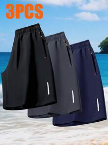 3PCS Men's Sports Shorts With Secure Zipper Pockets - Loose Mid-Waist Fitness Pants Suitable For Outdoor And Casual Wear - Multicolor - View 3
