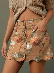 Falda vaquera mini de línea A con estampado de flores, de algodón 100%, con botones delanteros y cintura alta con escote ondulado.Casual, linda, para otoño, invierno, estilo bohemio, vestimenta occidental para mujer, atuendo para conciertos coun - Marrón - Ver 3