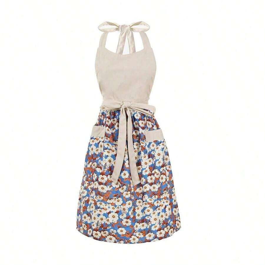 Cute Floral Aprons For Women With Pockets,Cotton Adjustable Neck Strap Apron For Kitchen CooFKing BaFKing Gardening - 粉色 - 查看 1