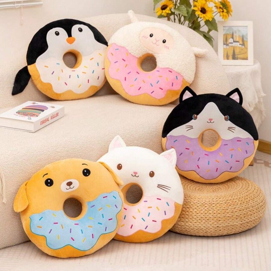 Cartoon Cat, Penguin, Donut Shaped Soft Cushion Pad, Suitable For Chairs, Sofas, Dorms, Tatami Mats, Children, Home, Living Room, Cars, Decorative Lumbar Pillow - 40cm - View 1
