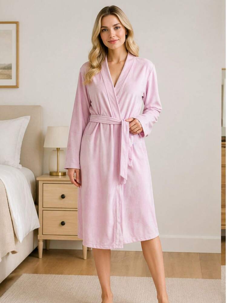 Roupão Feminino Robe Kimono Aveludado com Toque de Seda - Rosa Bebê - Visão 1