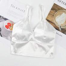 Top de tubo para mujer, top corto cómodo, camisola sexy de satén, camiseta sin aros para mujer, ropa interior sin mangas suave con cuello en V a la moda - Blanco - Ver 4