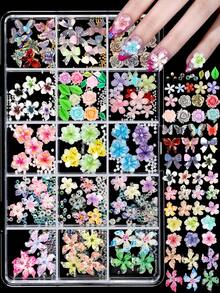 12-Slot 3D Flower Nail Art Decoration Set, Mixed Color Resin Flower & Bow Decor With Pearl & Rhinestone, Suitable For DIY Nail Art And Craft Decoration - Multicolor - View 1
