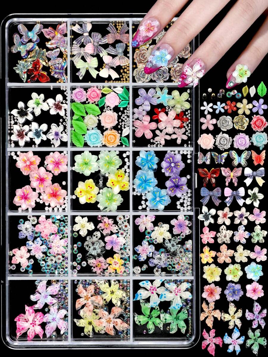 12-Slot 3D Flower Nail Art Decoration Set, Mixed Color Resin Flower & Bow Decor With Pearl & Rhinestone, Suitable For DIY Nail Art And Craft Decoration - Multicolor - View 1