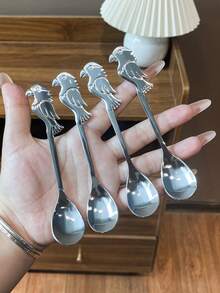 4/6件套不锈钢创意鸟形勺，适用于家庭、餐厅、下午茶、甜点、咖啡搅拌 - 銀色 - 查看 2