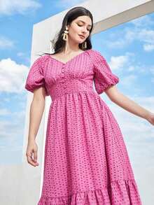 Vestido midi rosa de verano para mujer, cuello en V, mangas farol y bordado calado, estilo romántico y fresco - Rosa Fucsia - Ver 5