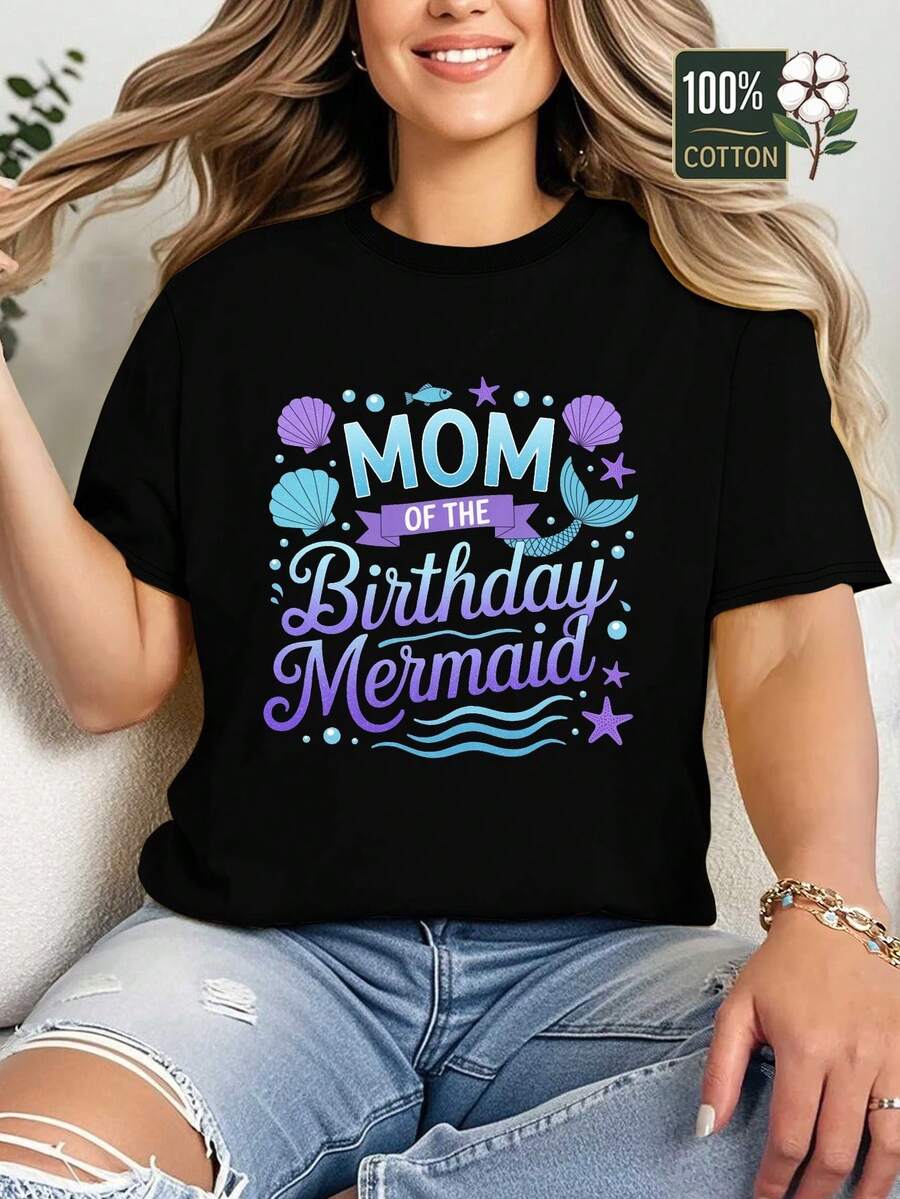 Women's Ocean Mermaid Tail Themed T-Shirt - 100% Mermaid Birthday Costume Or Casual Beachwear, Mermaid Scale Design For Theme Parties And Casual Wear, Machine Washable Crew Neck Top - 黑色 - 查看 1