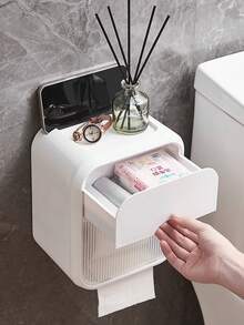 1 hộp đựng giấy vệ sinh chống thấm nước LuxeSpace, 1 hộp đựng khăn giấy bằng nhựa chống thấm nước gắn tường LuxeSpace kèm giá để đồ, hộp đựng giấy vệ sinh hình chữ nhật bóng loáng cho phòng tắm, không cần khoan. - Nhiều màu - Xem 5