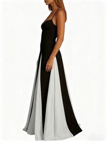 2026 Spring New Women's Clothing, Cross-Border European And American Dress, Sexy Waist-Cinching Pleated Solid Color Large Hem Strap Dress - 28457-黑白色 - 查看 3