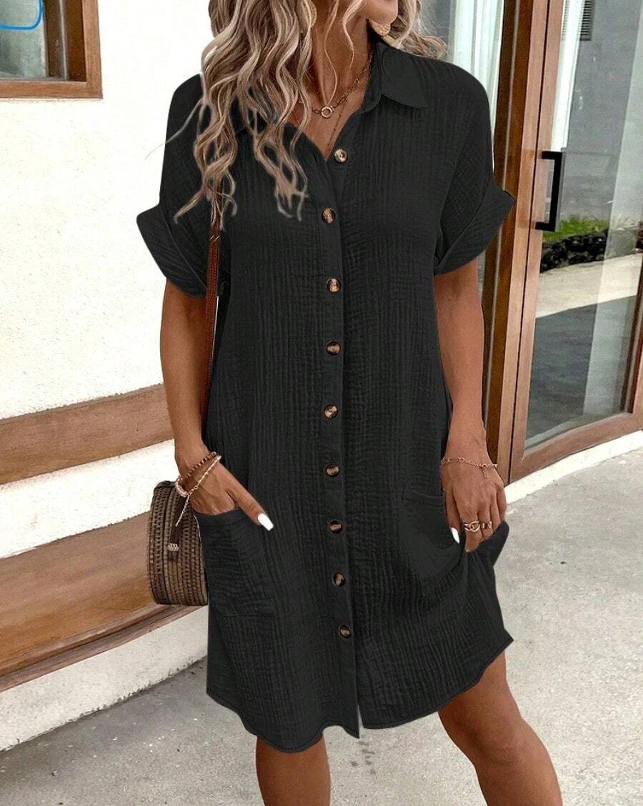 Minivestido Vintage liso para mujer, moda de verano con cuello en V, manga tres cuartos, vestido de lino y algodón, Vestidos informales para vacaciones - Negro - Ver 1