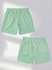 Men's Striped Casual Beach Shorts With Drawstring, Summer - Mint Green - View 2