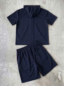 FRACTYR Men's Summer Casual Solid Color Hoodie And Drawstring Waist Shorts Set - Navy Blue - View 5