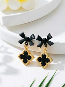 Bông tai nơ hình cỏ bốn lá phong cách Nhật Bản/Hàn Quốc, sang trọng, thanh lịch, quyến rũ, sáng tạo, ngọt ngào, đa sắc thái, tươi mới. - màu đen - Xem 6