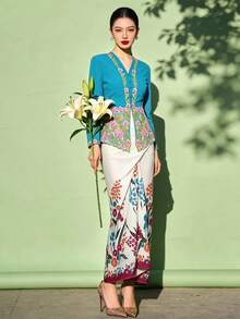 1 buah Rok Kebaya Nyonya Elegan Motif Bunga untuk Wanita, Musim Semi/Panas (Atasan Tidak Termasuk) - Putih - View 6