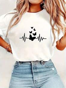 Women's 1-Piece Cute Butterfly And Heartbeat Geometric Print T-Shirt - High Elasticity Short Sleeve Round Neck, Machine Washable Casual And Sporty T-Shirt For All Seasons, Activewear, Non-See-Through Material - 白色 - 查看 1