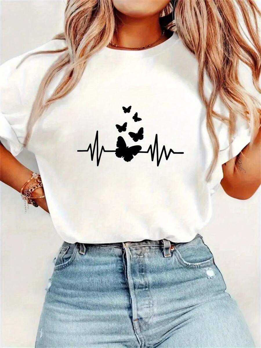 Women's 1-Piece Cute Butterfly And Heartbeat Geometric Print T-Shirt - High Elasticity Short Sleeve Round Neck, Machine Washable Casual And Sporty T-Shirt For All Seasons, Activewear, Non-See-Through Material - 白色 - 查看 1