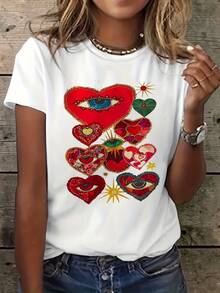 Women's Eye And Heart Aesthetic Print T-Shirt - Short Sleeve Crew Neck Casual Blouse With Medium Stretch Suitable For Summer And Spring, Not Machine Washable, Casual Wear, Minimalist Wardrobe Essential - 白色 - 查看 1