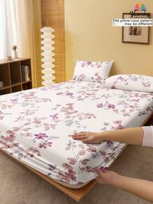 1pc Plant Leaf Pattern Fitted Bedsheet, Mattress Protector Cover, Minimalist Solid Color Mattress Pad Fits All Bed Sizes - Double, Full, Queen, Standard Depth Up To 11.8 Inches, Home Textile - Multicolor - View 2