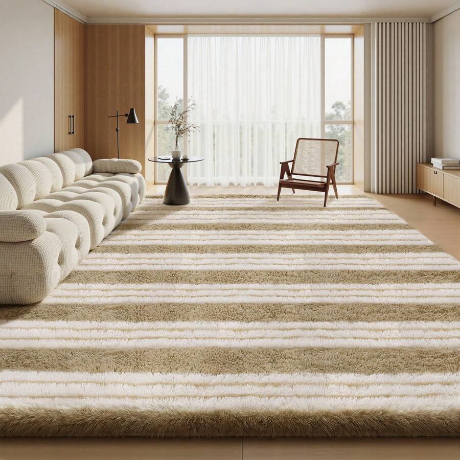 Sour Lemon Fluffy Area Rug Thick & Shaggy Carpet For Living Room & Bedroom Floor, Home Decor Anti-Slip Soft Carpet Floor Mat - Brown & White Stripes - View 1
