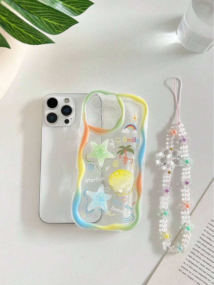 卡通海星贝壳配饰彩色油画波浪边印花保护壳带链，适用于 17、17 Pro、17 Pro Max、16/16 Pro Max/15、14、XR/7/8、15 Pro Max、Apple 13、14，软壳P12，防摔XS直边彩色 - 彩色 - 查看 2