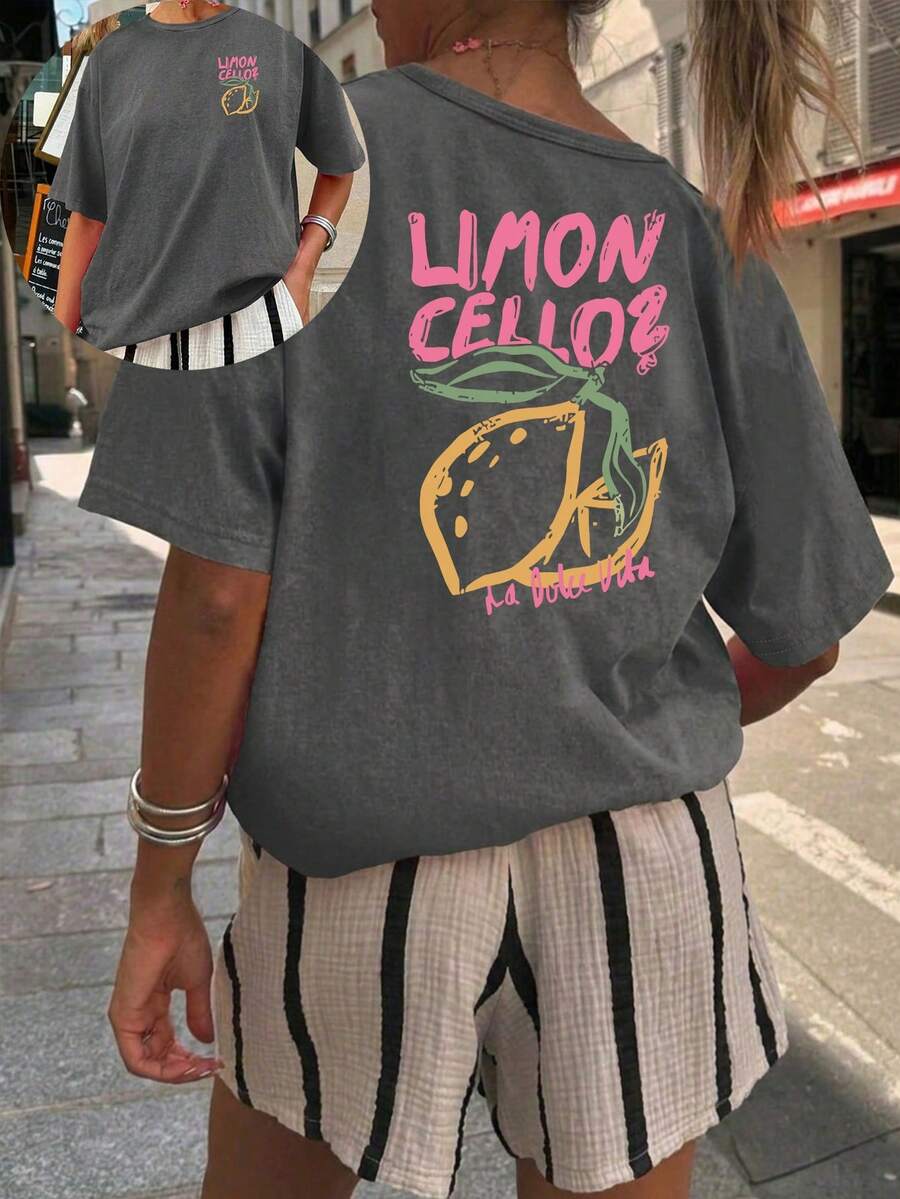 Plus Size Women's Casual Lemon Print Round Neck Short Sleeve T-Shirt, Suitable For Spring, Summer, Autumn, Vacation - Dark Grey - View 1