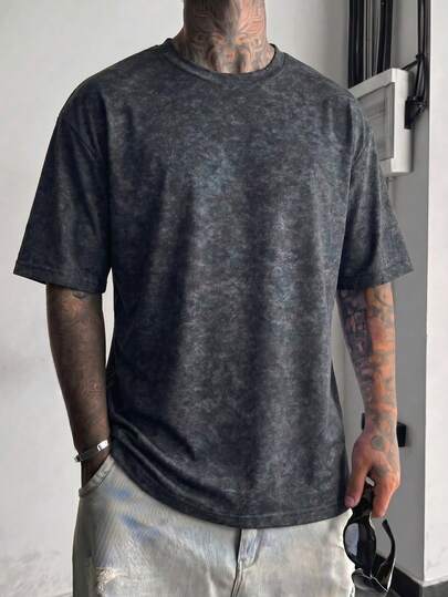  FRACTYR Men's Summer Casual Solid Color Washed Short Sleeve T-Shirt, Loose Letter Graphic Street Leisure Tops, Comfortable Breathable Suitable For Outdoor Wear