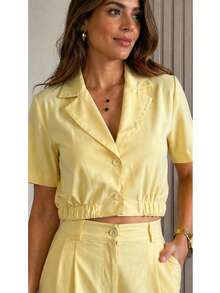 Women's Tailored Set, Plain Wide-Leg Blouse And Pants With Elastic Waistband, Fashionable, Casual, Elegant. - 黃色 - 查看 2