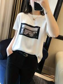 Chic Vintage foto impresión de la mujer camiseta - manga corta, cuello de tripulación, poliéster suave, negro con diseño de imagen blanca, perfecto para la primavera y el verano de vestir casual, camisetas vintage - Blanco - Ver 2