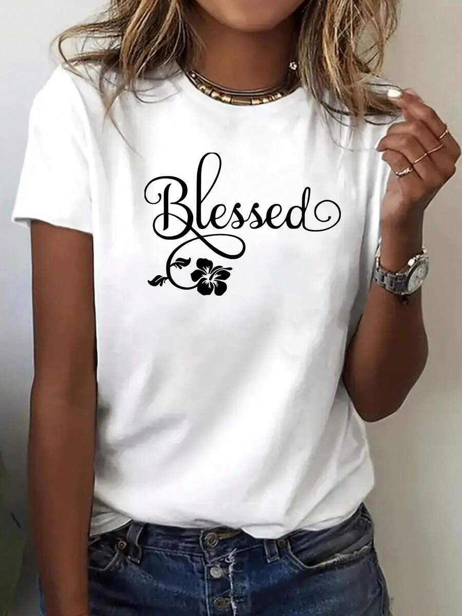 Camiseta de verano para mujer de cuello redondo y manga corta, letras cursivas "Blessed" con gr£fico de hibisco, tema elegante y delicado, tela suave y c￳moda, transpirable y ligera, ajuste relajado, adecuada para uso diario, salidas de verano, ocio casual
