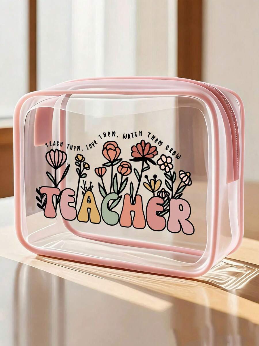 Best Teacher Theme PVC Cosmetic Bag, Zippered PVC Travel Organizer Pouch, Lightweight Fade-Resistant Gift Bag, Convenient Storage Bag, Makeup Bag, TSA-Approved Portable Makeup Case, Easy-To-Wipe Design, Waterproof Toiletry Bag, Suitable For Mothers, Teachers, Friends, Nurses, Office Gifts, Mother's Day Gifts, School Holiday Travel Essentials Bag, Back To School Supplies, Graduation Gifts - Multicolor - View 1