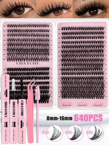 Kit de extensión de pestañas individuales D Curl DIY de 640 piezas, pestañas postizas en racimos negras gruesas de 10-16 mm 30D+40D+50D, set de extensión de pestañas D Curl voluminosas y esponjosas para uso doméstico - Negro - Ver 17