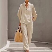 New Women's Shirt Set 2026 Casual City Set2026 Spring/Summer Fashion Women's Casual Style Bat Sleeve Loose-Fit Outfit - Màu Đỏ Sâu - Xem 3