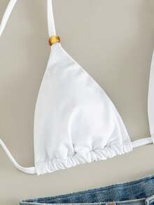 Conjunto de bikini para mujer, traje de baño de 2 piezas de unicolor, top triangular de cuello halter con tanga de pierna alta, ropa de playa sexy para verano, traje de baño de vacaciones para damas en color blanco - Blanco - Ver 6