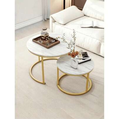 Mesa de café de sala de estar con marco de metal y tablero de mármol incrustado. Estructura metálica resistente y tablero de mármol. Móvil y ahorra espacio, ideal como mesa auxiliar para la sala de estar, dormitorio, balcón y terraza.