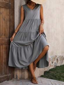 Women's Sleeveless V-Neck Tiered Maxi Dress,Solid Color Casual Swing Dresses,Summer Dress,Plus Size Dresses For Women,Pride,Elegant Dress For Women - 灰色 - 查看 4