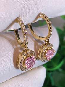 1 Đôi bông tai đá Cubic Zirconia thời trang, phù hợp cho nữ, có thể đeo trong các dịp cưới hỏi, lễ đính hôn, kỷ niệm, tiệc tùng, Ngày Valentine, cũng là món quà tuyệt vời dành cho mẹ, Ngày của Mẹ, v.v. - Vàng kim + hồng - Xem 3