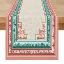 1pc New Chinese Style National Polyester Rectangular Pink & Green Geometric Center Pattern Printed Decorative Table Runner, Suitable For Dining Table, Tea Room, Housewarming, All Seasons Home Decor - Multicolor - View 1