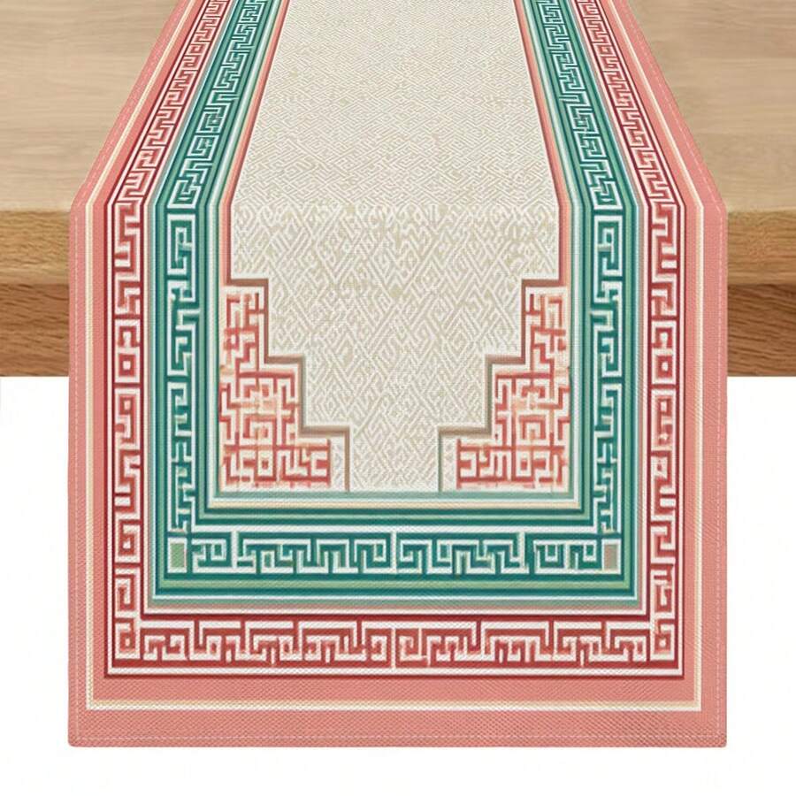 1pc New Chinese Style National Polyester Rectangular Pink & Green Geometric Center Pattern Printed Decorative Table Runner, Suitable For Dining Table, Tea Room, Housewarming, All Seasons Home Decor - Multicolor - View 1
