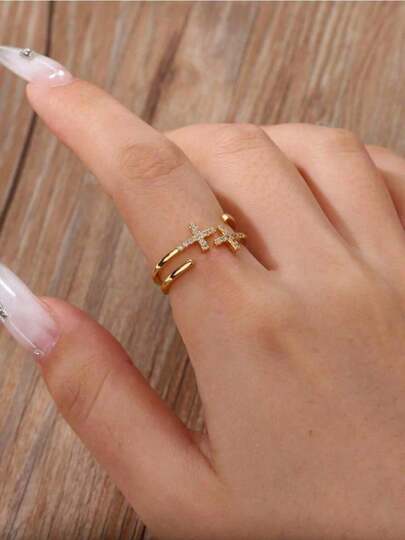 1PC Tiny Cubic Zirconia Misplaced Cross Stainless Steel Rings For Women ,Anti Fading Open Adjustable Ring, Wedding Golden Charm Jewelry Party Vacation Accessories, Gifts For Her/Mom/Best Friends  Dainty Cross Ring     Sleek Golden Polished Finish Presents Elegant Charm, Dainty Minimalist Style Perfect For Wedding Occasions, Party Events And Vacation Daily Wear, Ideal Sentimental Jewelry Gift For Her, Mom And Best Friends