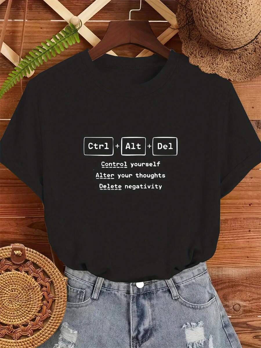 Women's "Ctrl+Alt+Del" Casual T-Shirt With Print - Short Sleeve, Crew Neck, Lightweight And Stretchy, All-Season Top With "Control Yourself, Alter Your Thoughts, Eliminate Negativity" Design, Relaxed Fit, Everyday T-Shirt - 黑色 - 查看 1