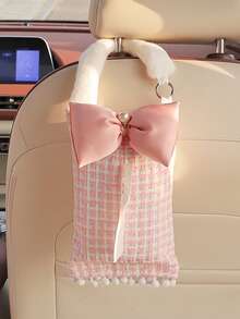 Pink - Pearl Bow, Beige Puff Grid Hanging Tissue Box, Black Puff Grid Hanging Tissue Box, Black - Pearl Bow, Denim Pocket Tissue Box - C - View 18