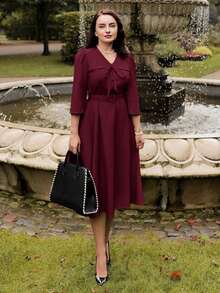 Vestido midi burdeos para mujer, estilo vintage, cuello en V, manga 3/4 y cintura con lazo, elegante para primavera/otoño - Burdeos - Ver 5