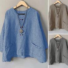 ZANZEA-Blusa holgada informal para mujer, camisa de cuello redondo con estampado a cuadros, Tops de manga 3/4 con bolsillo, Blusas simples Harajuku - Azul - Ver 2