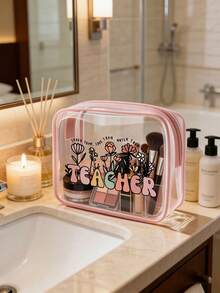 Best Teacher Theme PVC Cosmetic Bag, Zippered PVC Travel Organizer Pouch, Lightweight Fade-Resistant Gift Bag, Convenient Storage Bag, Makeup Bag, TSA-Approved Portable Makeup Case, Easy-To-Wipe Design, Waterproof Toiletry Bag, Suitable For Mothers, Teachers, Friends, Nurses, Office Gifts, Mother's Day Gifts, School Holiday Travel Essentials Bag, Back To School Supplies, Graduation Gifts - Multicolor - View 6