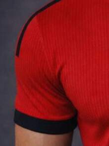 Men's American Slim Fit Ribbed T-Shirt, Premium Cotton, Short Sleeve, Crew Neck, Two-Tone, Fitted, Casual - MEN'S RED ROUND NECK SHIRT - View 4