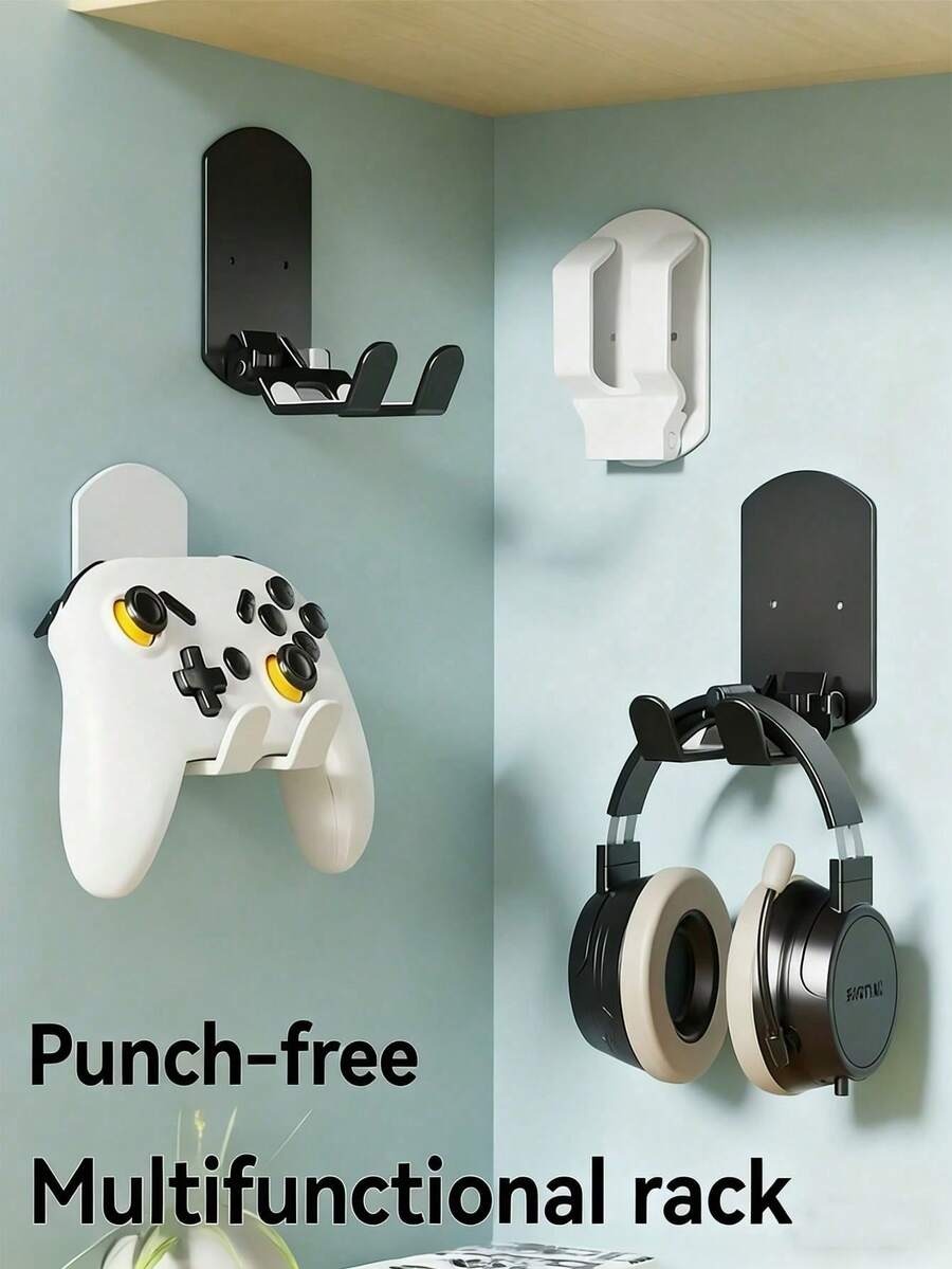 Adjustable Solid Color 2-In-1 Game Controller Holder & Headphone Hook, Wall-Mounted Foldable No Drilling Design, Includes Universal Hook, Easy Installation, Practical Hook, ABS Material, Suitable For Home Or Dorm Storage, Bedroom Accessories, Shelves, Mother's Day Birthday Gift Celebration - Multicolor - View 1