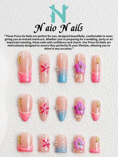 NAIO 10pcs/Set Handmade Press On Nails Tips, Y2K Baddie Style, Pink French Pointed Nail Stickers, Sculpted Nails, Gel Nails, Floral Nails, Gradient Design, Adorned With 3D Embossed Flowers And Gold Studs, Pearl Embellishments. Suitable For Women And Girls, Party, Vacation Daily Wear, Comes With Tool Kit, Great Gift For Ladies Nails Nail Supplies In 3 Sizes: Almond, Square, Coffin Press On Nails