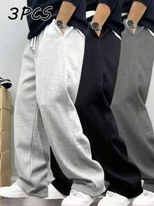 3件組男士休閒時尚運動長褲，極簡純色寬腿設計，抽繩腰頭，大口袋，適合日常走路、工作、旅行等 - 彩色 - 查看 2
