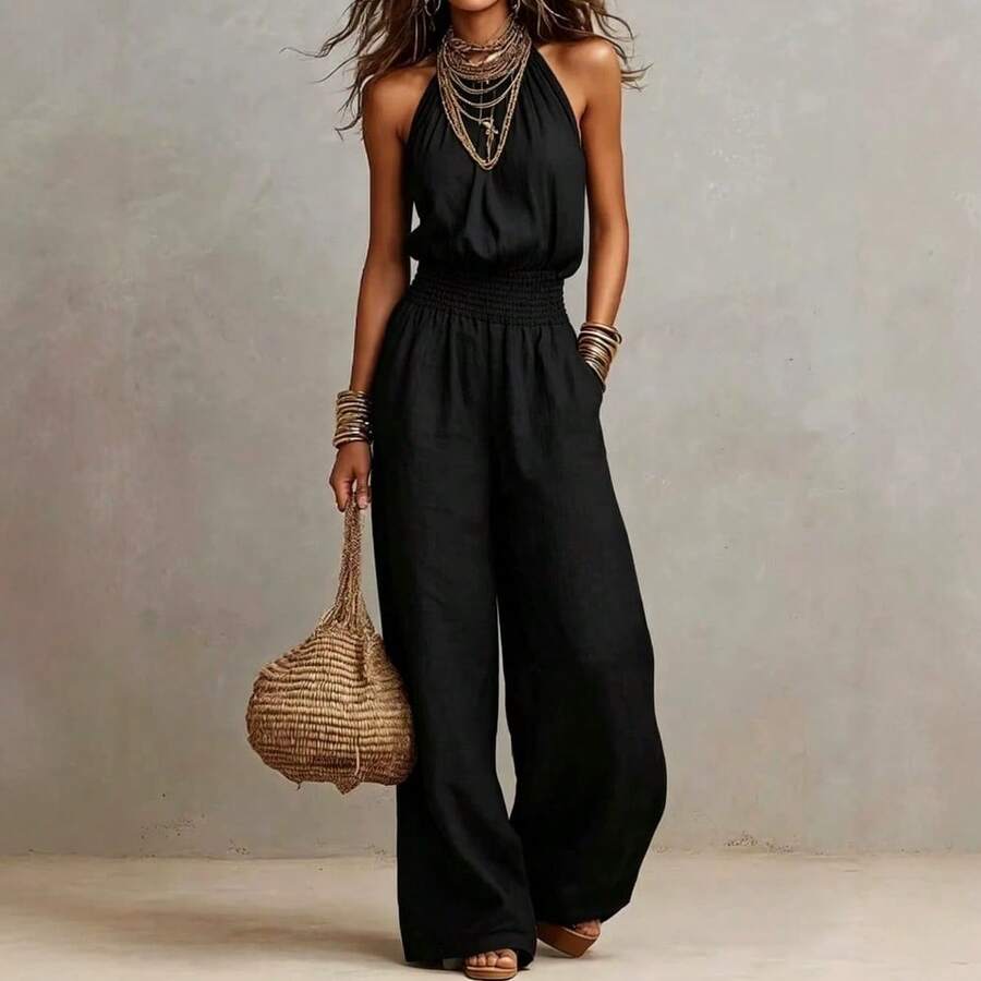 Women's Khaki Boho Halter Wide Leg Jumpsuit, Sexy Sleeveless Smocked Waist, Light Linen-Like Fabric, Summer Essential For Beach & Casual Daily Wear - 黑色 - 查看 1