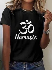Om símbolo y Namaste Vintage Look Imprimir camiseta, manga corta cuello de tripulación Top casual para verano y primavera, ropa de mujer - Negro - Ver 2